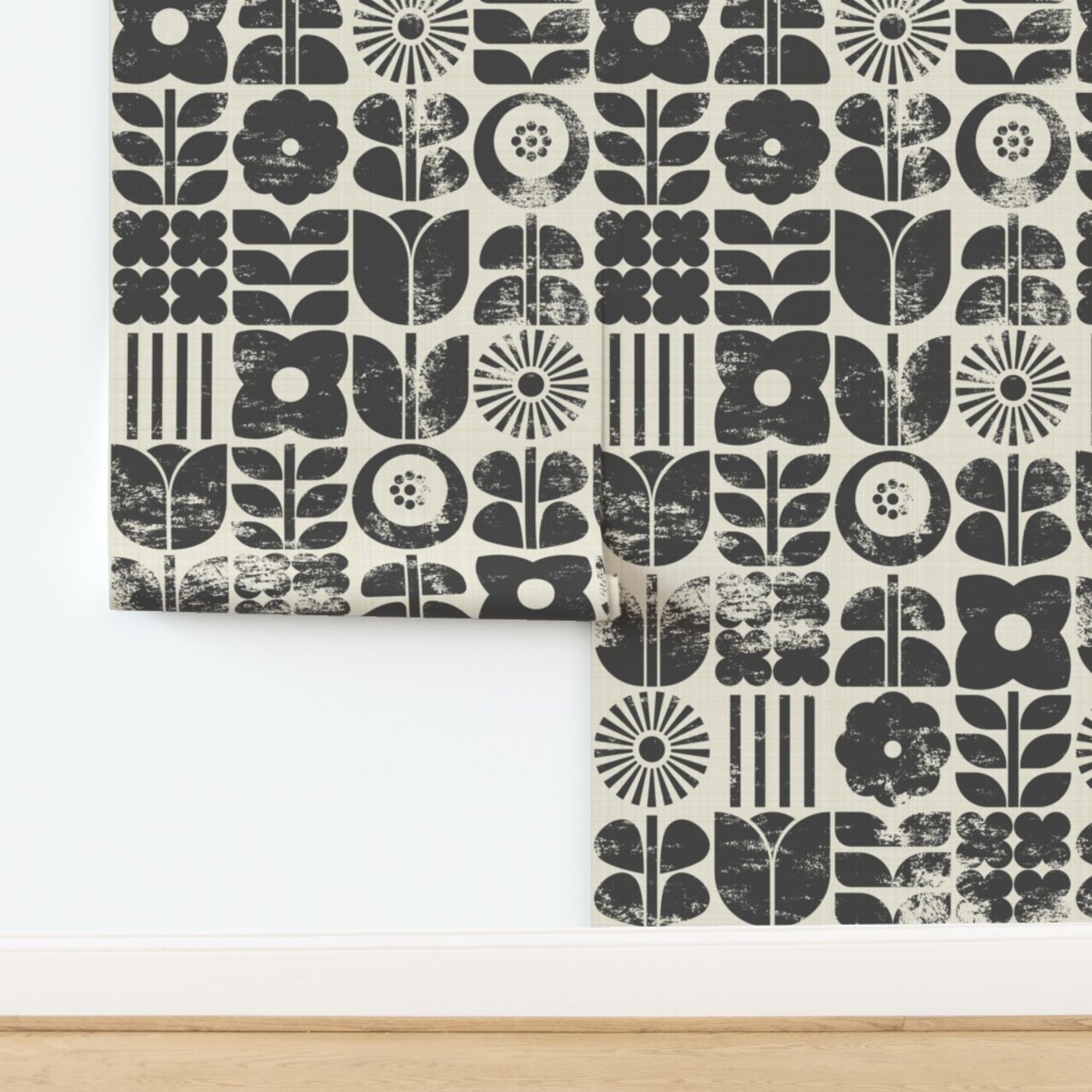Block Print Floral Black Cream Botanical Retro Scandinavian Monochromatic Mcm Custom Removable Wallpaper by Spoonflower Peel & Stick Wallpaper 2FT Wide